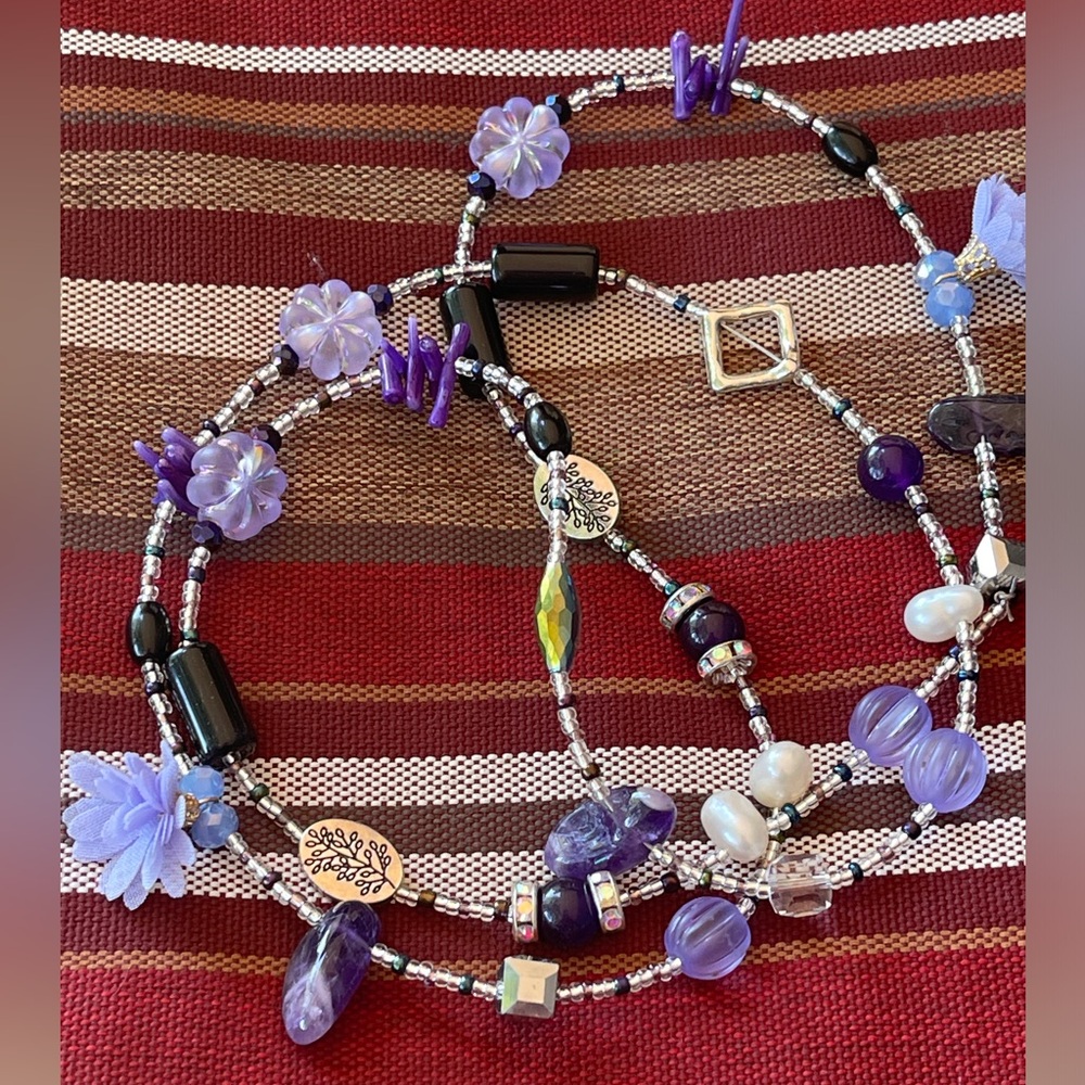 Amethyst, Black Onyx, Fresh Water Pearl, Bamboo & Glass Necklace